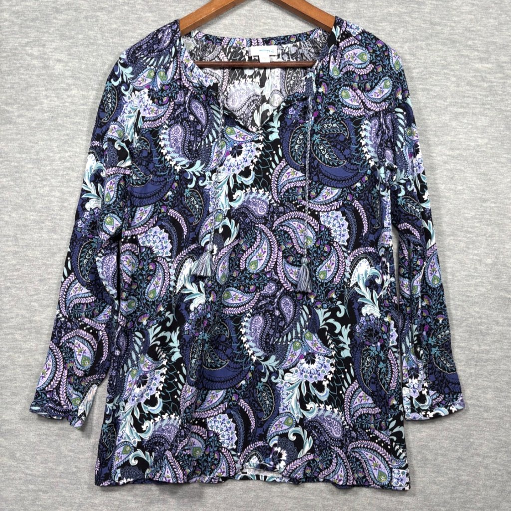 J Jill Womens Top Xs Paisley Print Rayon Long Sleeve Boho Tassels